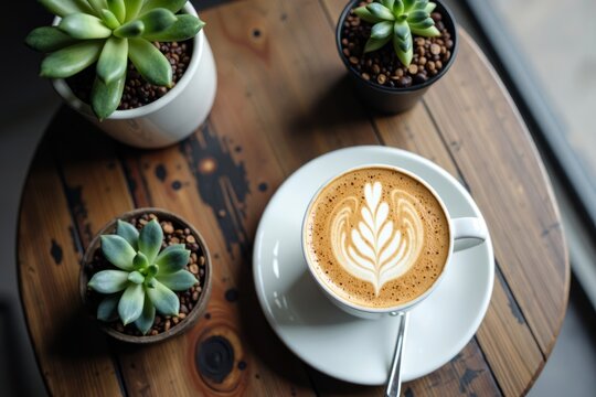 Aerial View of Stylish Café with Latte Art and Potted Plants on Tables
