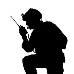 Silhouette of a soldier communicating with radio equipment in tactical gear