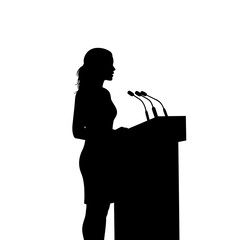 Silhouette of a confident woman speaking at a podium with microphones ready for her speech event