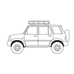 Line drawing of an off-road suv with roof rack and spare tire on