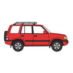 Red suv with roof rack and spare tire ready for adventure and off-road exploration