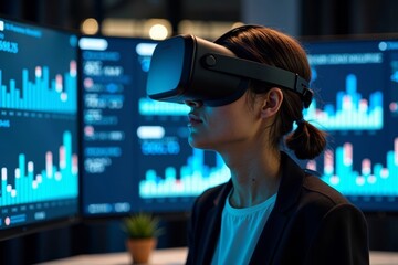 Image of a data analyst using VR headset to explore 3D data dashboard.