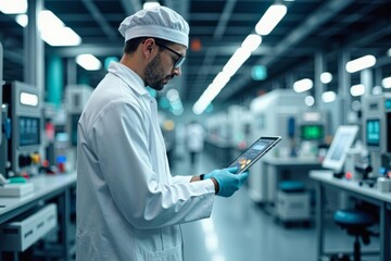 A glimpse into the future: Medical engineer in pharmaceutical manufacturing plant surrounded by cutting-edge technology and robotics.