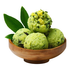 Obraz premium Mashed green plantains mixed with cheese or pork, shaped into balls in wooden bowl, isolated on white transparent background. Concept of Ecuador Bolon de Verde homemade vegetarian cuisine