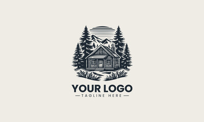 Fototapeta premium Beautiful black and white vector logo of a rustic log cabin surrounded by pine trees, a charming design for nature lovers
