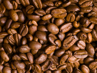 Close-up of roasted coffee beans with rich brown color and texture