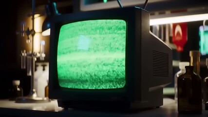 A high-quality 4K cinematic shot of a vintage cathode-ray tube television displaying green static noise in a mysterious science laboratory - Powered by Adobe