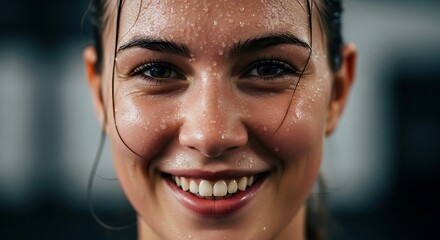 Close-up portrait of a determined and happy athletic woman smiling, her face glistening with sweat after an intense gym workout