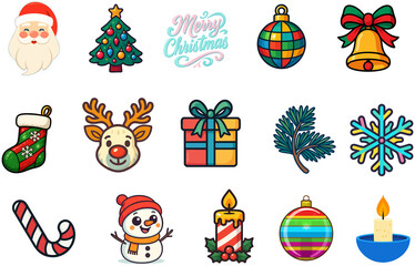 Colorful raster icon set for Christmas and New Year celebration with tree, gifts, reindeer, baubles, snowman, candle and pine branches on blue and white background, festive decorative design elements