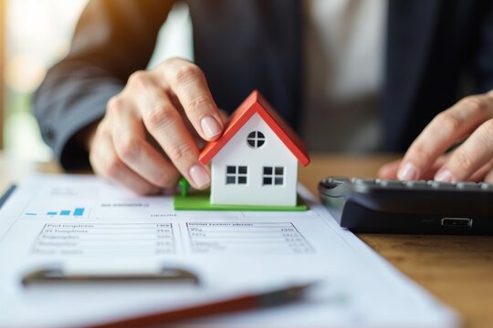 Person Calculating Property Taxes While Holding Miniature House Model