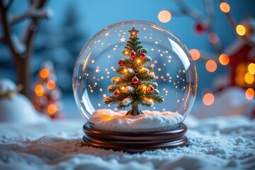 A magical snow globe featuring a miniature Christmas tree adorned with twinkling lights, set against a picturesque winter backdrop, crystal ball, shimmer
