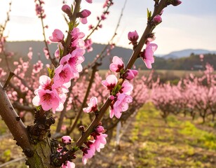 Blooming peach orchard at dawn