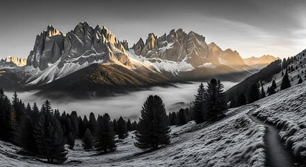 Majestic monochrome landscape of rugged alpine peaks emerging from ethereal valley mist, bathed in the soft glow of dawn, showcasing nature's dramatic grandeur