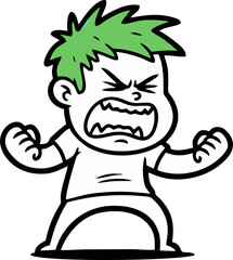 Angry Cartoon Boy with Green Hair in a Simple Style