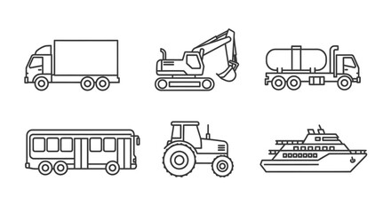 Line art illustrations of various transportation vehicles, including trucks, excavators, tankers, buses, tractors, and cruise ships.