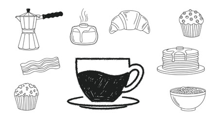Black and white illustration of various breakfast foods and beverages, including coffee and pastries.