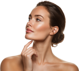 Thoughtful Beauty: Pensive Woman with Radiant Skin and Elegant Hairstyle