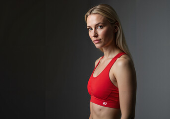 Fototapeta premium Young woman posing confidently in red sports bra against neutral background 