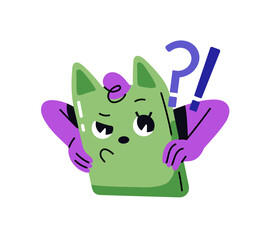 Thinking emoticon doubts with question and exclamation marks. Thoughtful emoji with emotion of distrust. Character indignants with annoyed face. Flat isolated vector illustration on white background