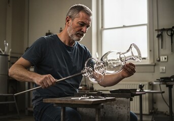 Glassblower working with a molten glass piece in his workshop.