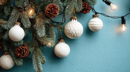 Festive Christmas decor, white ornaments, pine boughs, and fairy lights on a light blue background