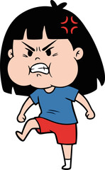 Angry Cartoon Girl in Action with Fists and Legs