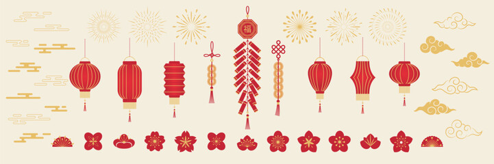Chinese New Year elements. Vector geometric icons, symbol for festival. Illustration of lanterns, flowers, firework, wind, bamboo, firecrackers, scroll. Red and gold templates border, card.