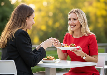 Two women dining and sharing food at outdoor table in summer  