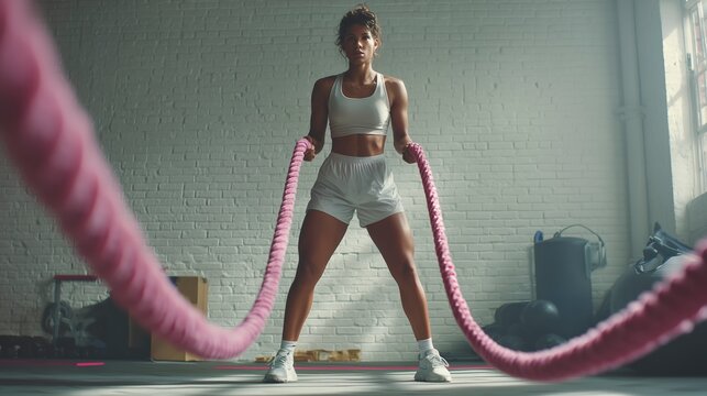 Athletic female working out with pink rubber battle ropes full-body wide shot inside rec-center gym white brick walls yoga mat and weights hyper realistic high resolution image