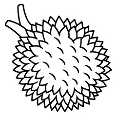 A detailed black line drawing silhouette of a durian fruit with a stem isolated on white background