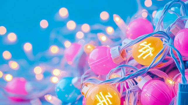 Vibrant, tangled string lights in pink, yellow, and blue hues creating cheerful and festive glow against dreamy, soft-focus bokeh background - Powered by Adobe