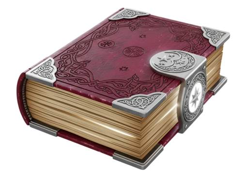 A detailed illustration of a vintage-style book with intricate designs, illuminated pages, and decorative metal accents. - Powered by Adobe