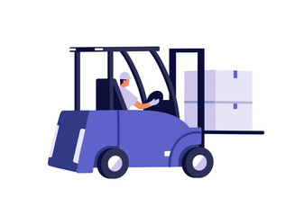 Storage worker drives forklift, lifts cargos, carries cardboard boxes and packages. Logistic service loader is loading supply with lifter truck. Flat isolated vector illustration on white background