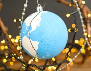 Light blue globe ornament,  hanging amidst Christmas lights and twigs
