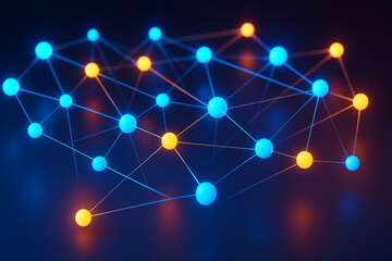 Abstract 3D neural network with glowing nodes in blue and orange