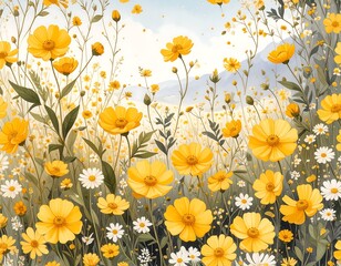 Blooming yellow flowers field