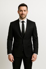 Fototapeta premium Sharp Dressed Man: A confident man stands in a formal black suit and tie, emanating an aura of sophistication and style. He exudes professionalism and poise.