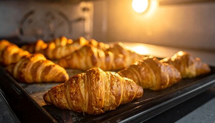 Fresh croissants baking in an oven