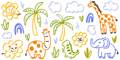 Cute hand drawn safari animals and tropical elements for kids playful design