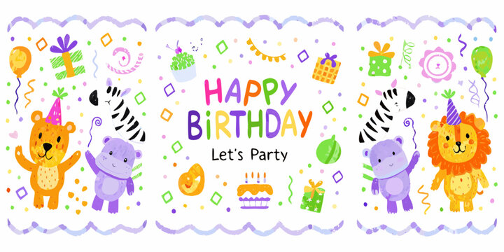 Cute cartoon animals and birthday party elements with happy birthday let s party text