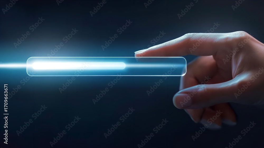Fototapete human finger interacting with a glowing futuristic progress bar signaling data transfer or loading c