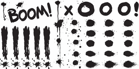 Collection of black ink splatters and comic book style sound effects like boom and x o
