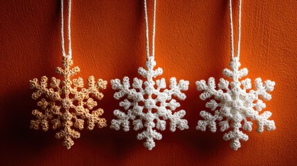 Three crocheted snowflakes, varying shades of cream and tan, hang from orange background