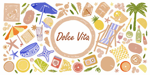 Vibrant dolce vita summer beach vacation elements and food arranged around central text