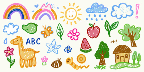 Collection of hand drawn cute cartoon elements for childrens designs including rainbows sun clouds animals and nature