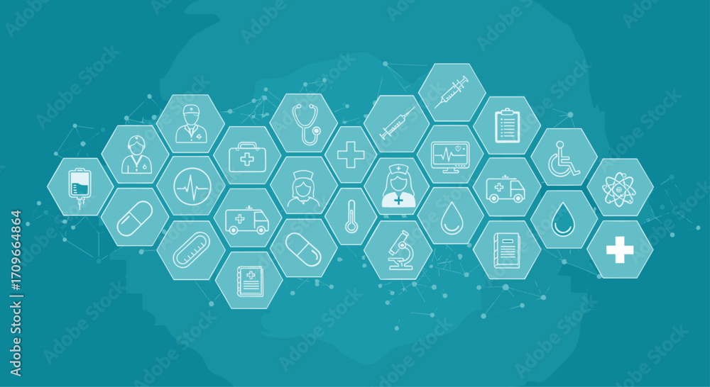 Poster Cool blue abstract hexagonal pattern on teal background geometric design