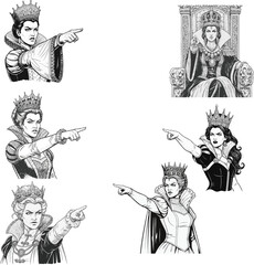 A collection of six black and white illustrations depicting the Evil Queen from Snow White in various commanding poses.