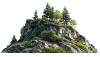 Rocky outcrop, dense vegetation, pine trees