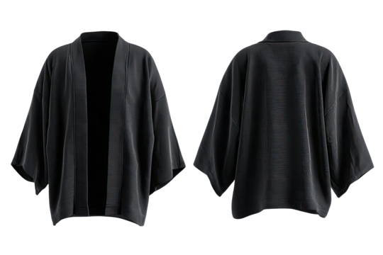 Dark gray/black, open-front, kimono-style jacket, front and back views