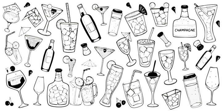 Hand drawn sketch of various alcoholic and non alcoholic drinks with ice and garnishes on a white background